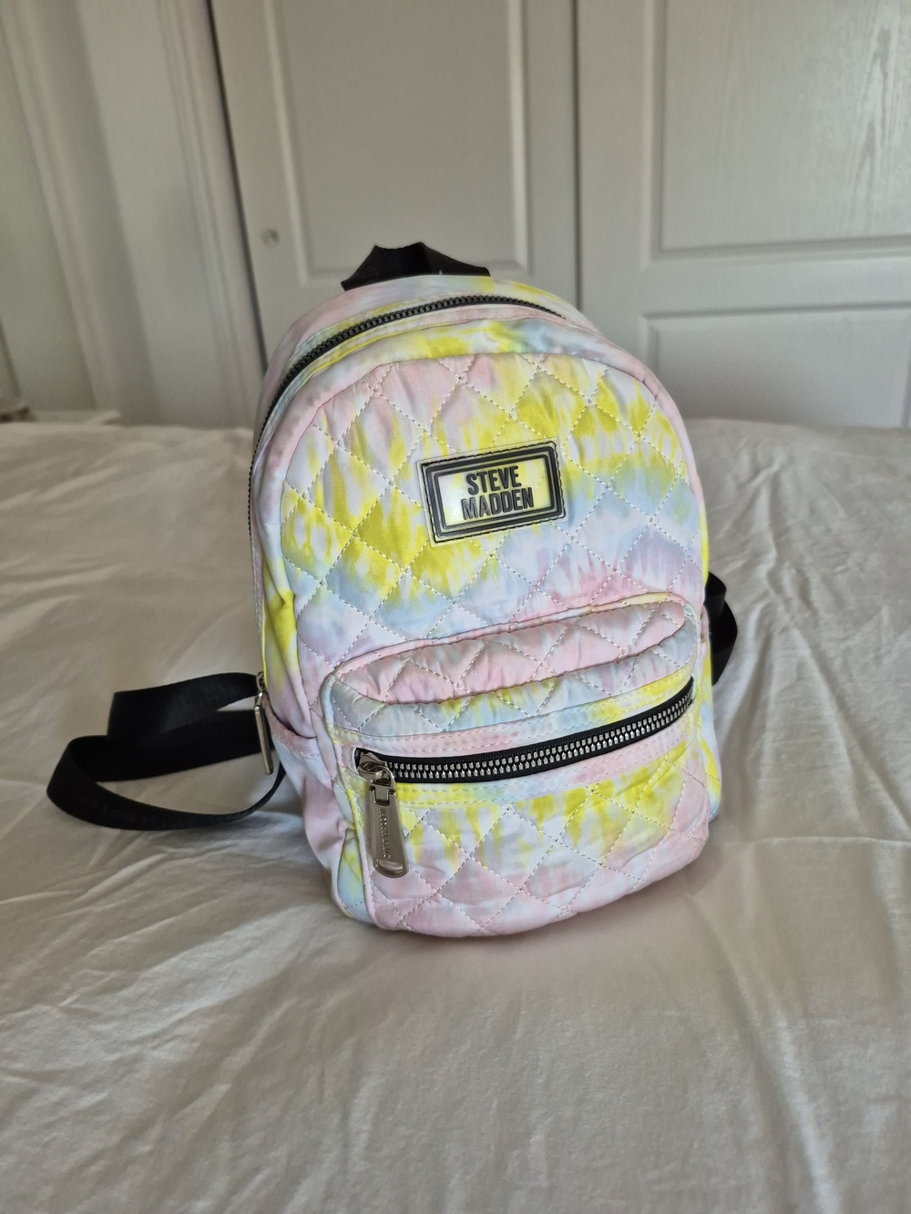 Steve Madden Quilted Mini Backpack - Pastel Tie-Dye Pink Yellow Blue